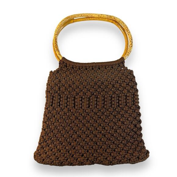 Chocolate Brown Crochet Bag with Bamboo Handles - Picture 2 of 8